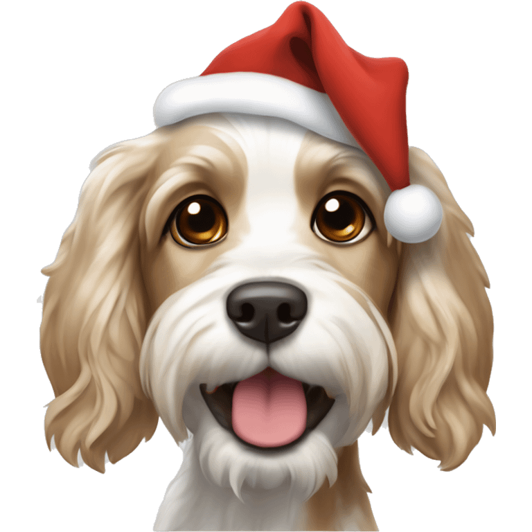 A smiling white with light brown spots cocker spaniel and Lhasa apso mixed dog with a Christmas hat on top emoji