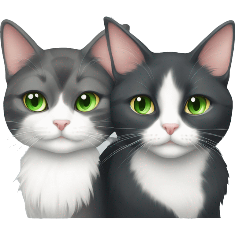 gray and white tuxedo cat with green eyes cuddling with long hair calico cat with green eyes emoji