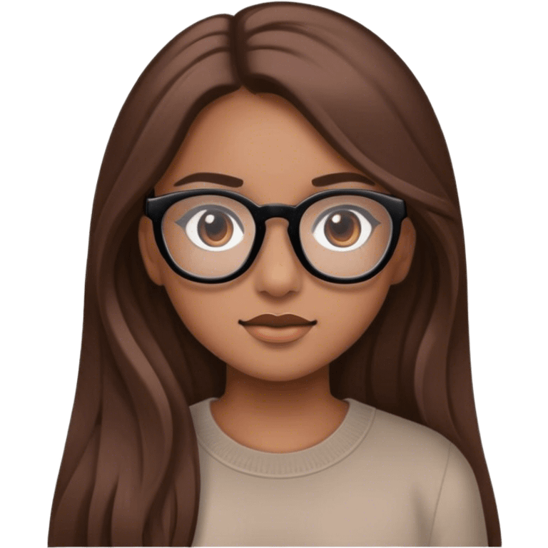 girl with a very light brown skin, long brown hair, brown eyes and black glasses emoji