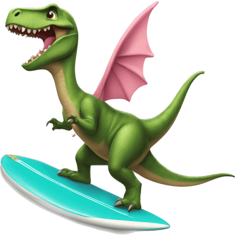 Dinosaur rising a surfboard wearing a tutu emoji