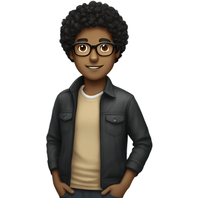 black curly hair, tan skin, glasses boy emoji