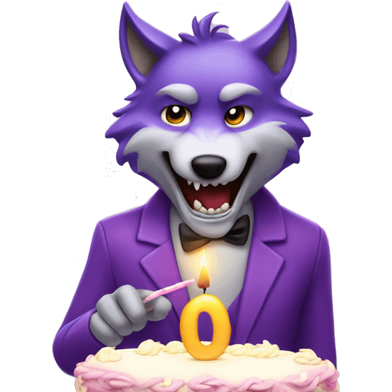 Purple, anthropomorphic wolf blowing out birthday candles emoji