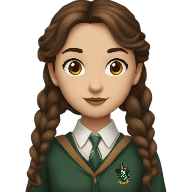 Fille brune aux yeux marron blanche de peau avec une tenue de la maison serpentard dans Harry potter emoji