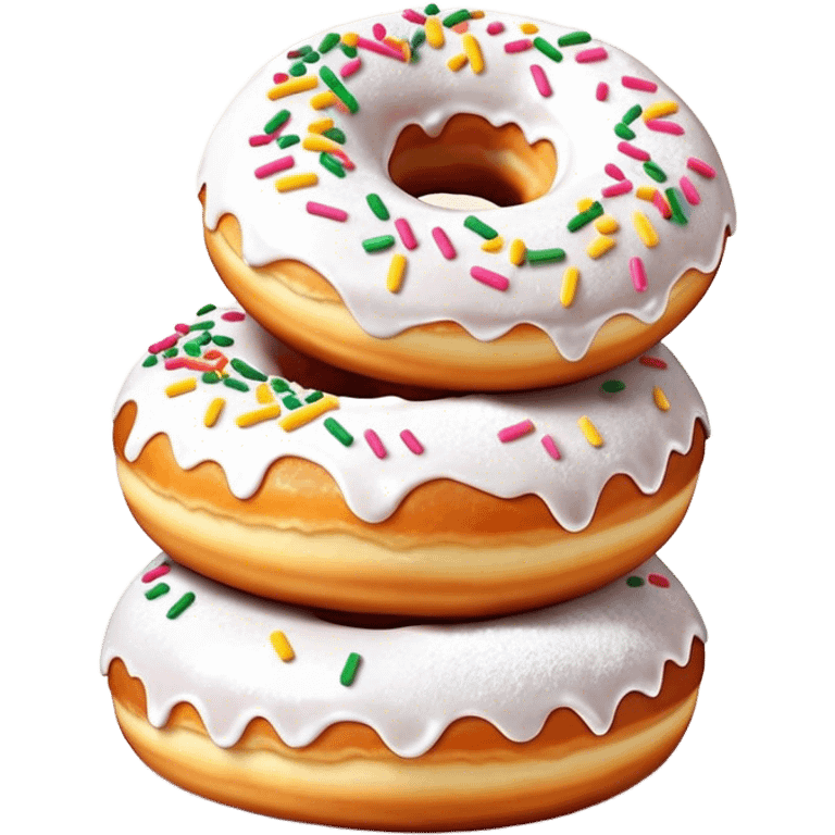 Cinematic fluffy donuts, perfectly golden and dusted with powdered sugar, vibrant icing with sprinkles, stacked in a playful arrangement, soft glowing highlights, warm and inviting. emoji