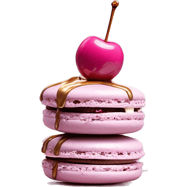 Single Realistic pastel macaron drizzled in metallic silver drip and pink cherry placed on top of the drip and cookies. emoji