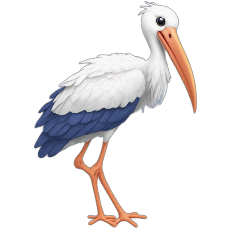  white stork with long legs and a long beak flying in the sky and carrying a blue bundle of cloth in its beak that has a cute baby face peeking out from it emoji