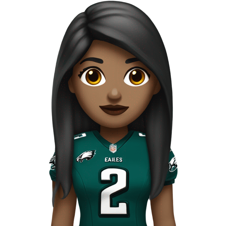 White female long dark hair red lips wearing Philadelphia Eagles jersey emoji