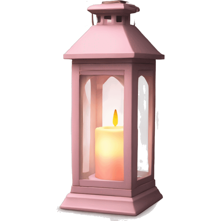 Realistic light pink rustic lantern with glass and lit candle inside. emoji