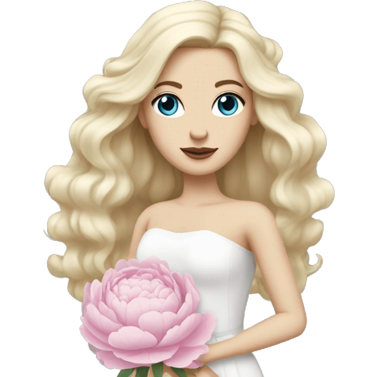 White bride with long light blonde hair and blue eyes with light pink peonies in hair white skin  emoji