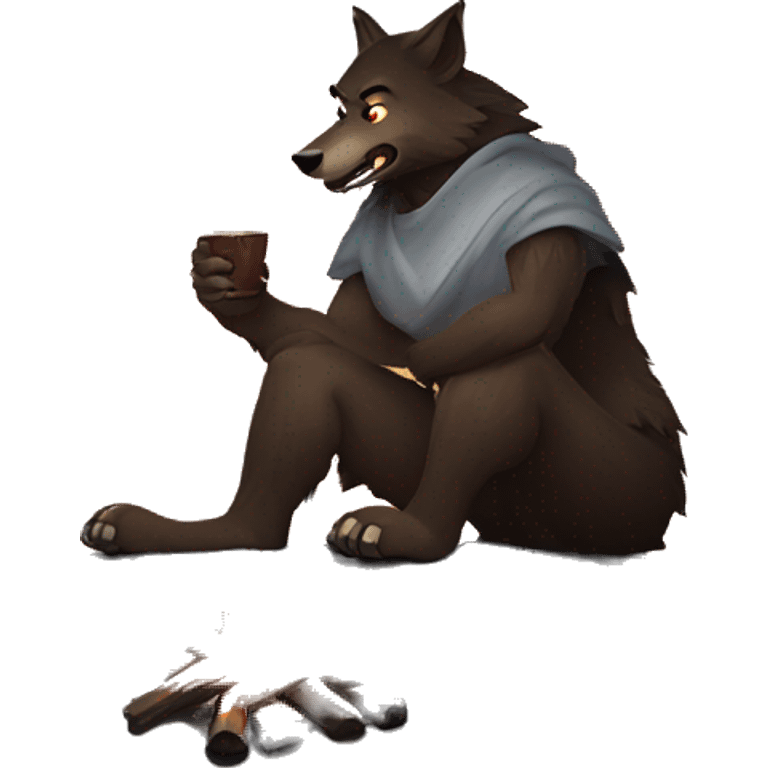 A lone sigma werewolf sitting on a mountain top by a campfire emoji