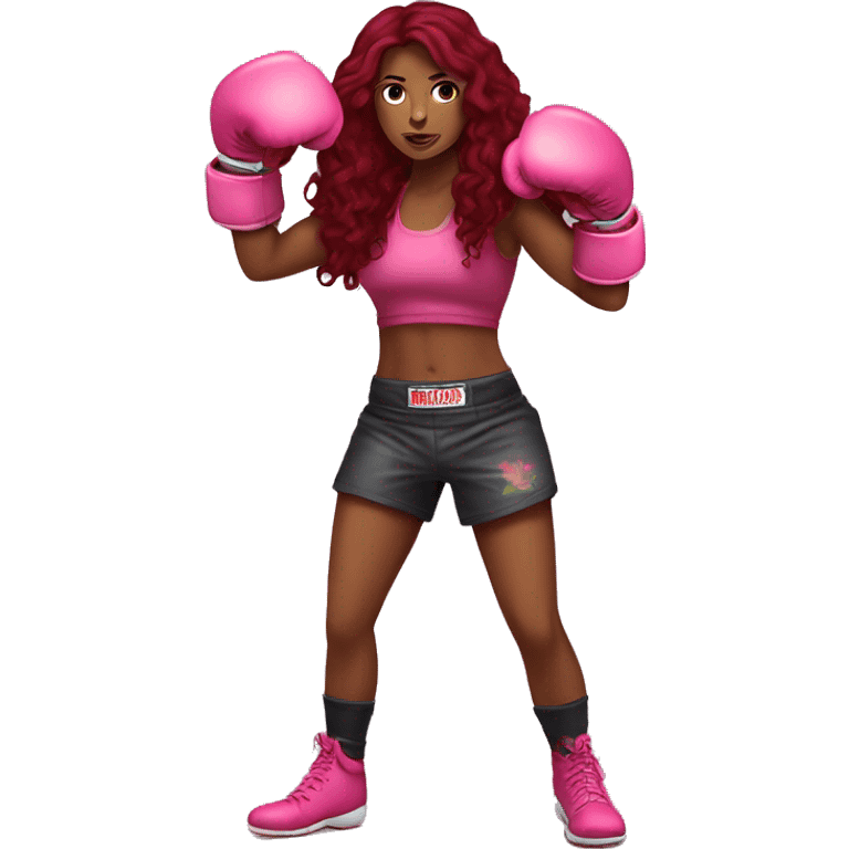 Beautiful tattooed  burgundy long haired woman boxing with pink gloves emoji