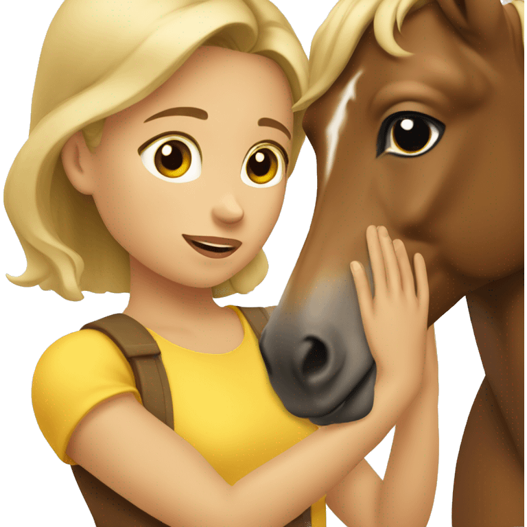 Dark blonde girl wearing sleeveless yellow shirt petting brown horse emoji