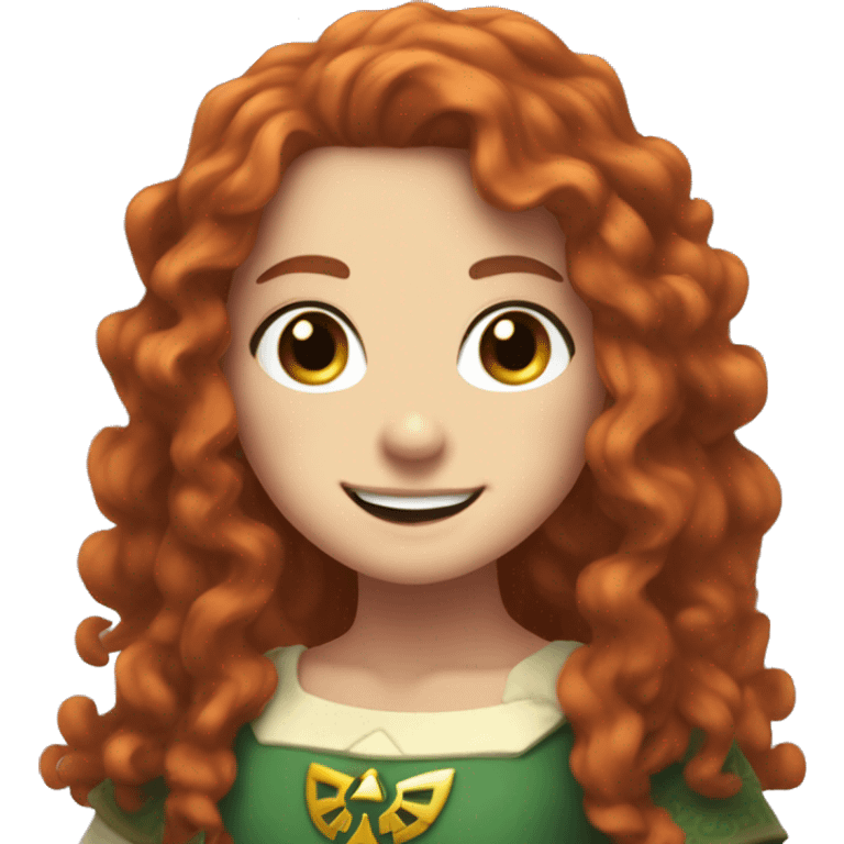 a white girl with long red curly hair and freckles, cosplaying Zelda posing and smiling emoji