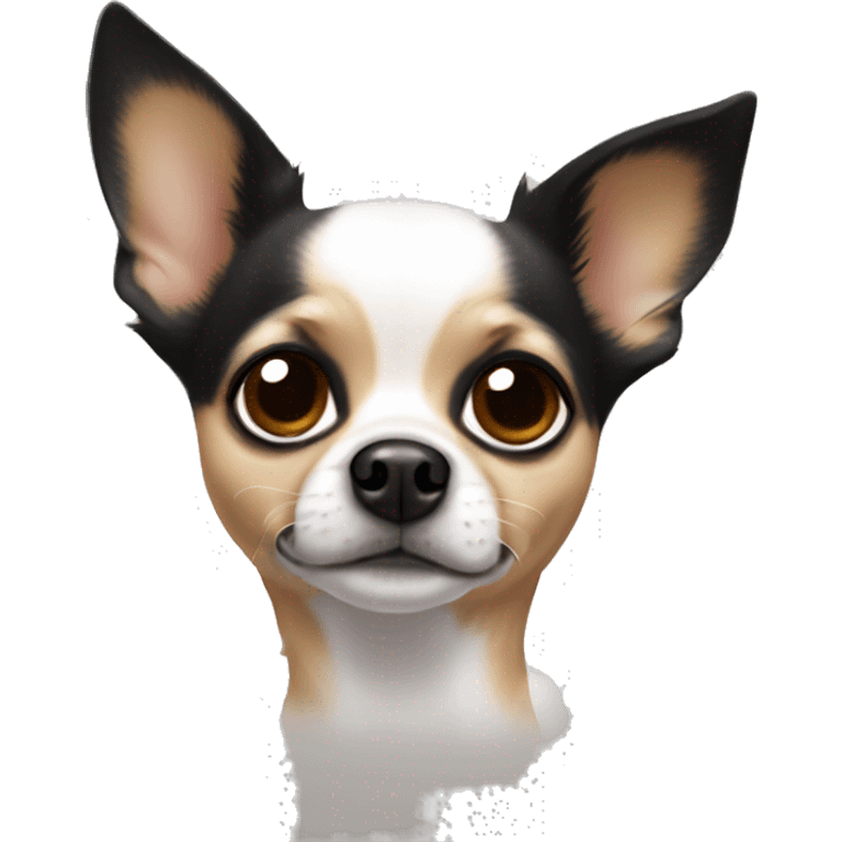 Chihuahua with a white body, black ears, brown splotches next to his eyes but a white part down the middle of its head to its nose  emoji