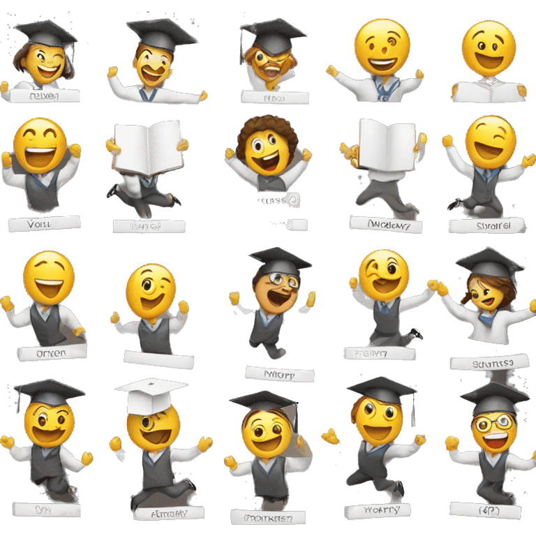 university, happy student jumping, HAPPY word emoji