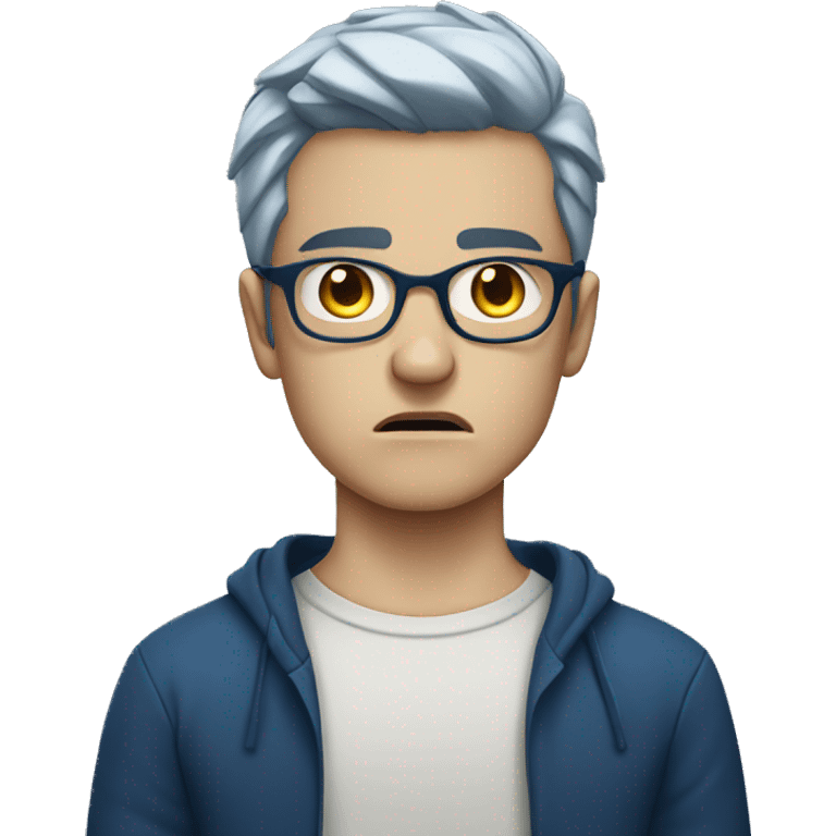 Angry white boy dark blue hair with thin glasses, mouth closed, angry face emoji