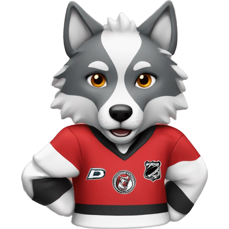 A wolf in a red black and white hockey uniform with a wolf emblem emoji