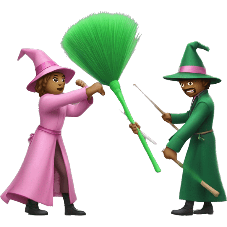 Pink wand duelling a green broom emoji