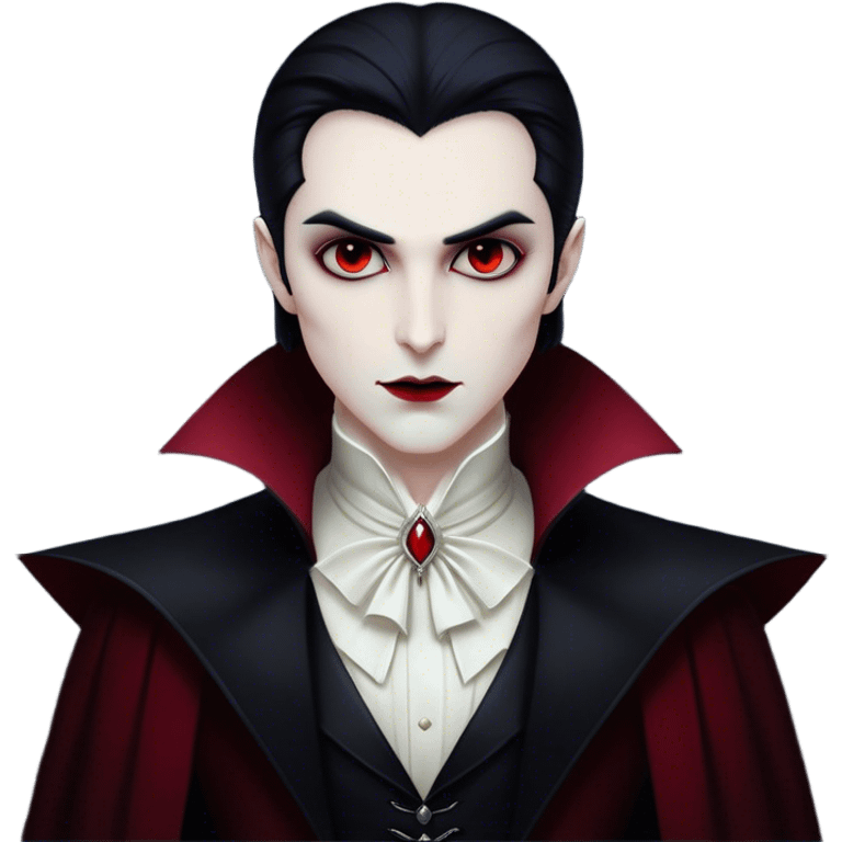 Cinematic Noble Vampire Portrait Emoji, Elegant and commanding, with a refined, pale visage framed by dark, velvet accents and a hint of crimson, exuding timeless seduction and dangerous allure, simplified yet exquisitely detailed, glowing with a soft nocturnal radiance and a subtle, mysterious outline that captures the regal spirit of an immortal lord of the night! emoji