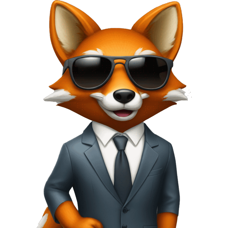 Fox in a suit with sunglasses standing on his legs and say "Hi" emoji