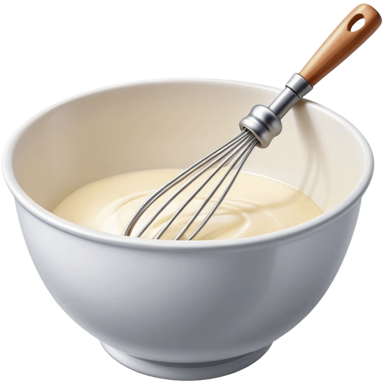 Cinematic Realistic Whisk & Mixing Bowl, a well-used metal whisk resting in a smooth ceramic mixing bowl, light reflecting off the whisk’s polished surface, subtle smears of batter along the rim, glowing with a sense of warmth and creativity. emoji