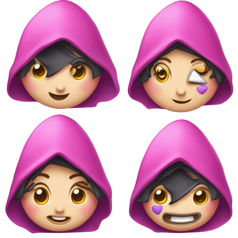 emoji of a cute character with a black jester hood, pink skull on the forehead, and a mischievous smile. The character has big round eyes, pink cheeks, and a playful expression. Use smooth gradients for a soft, cartoonish look emoji