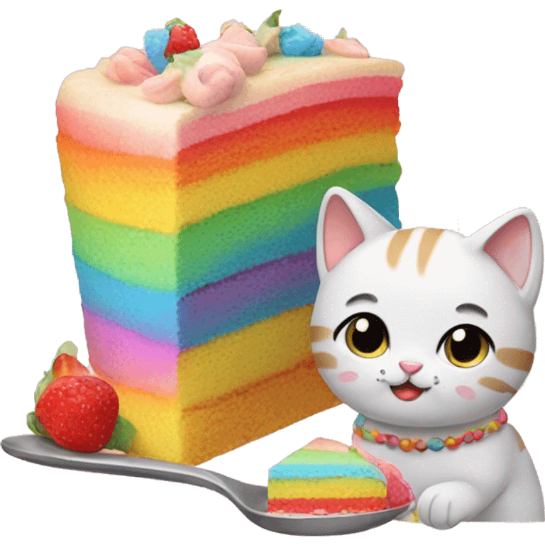 A cute cat eating a rainbow cake emoji