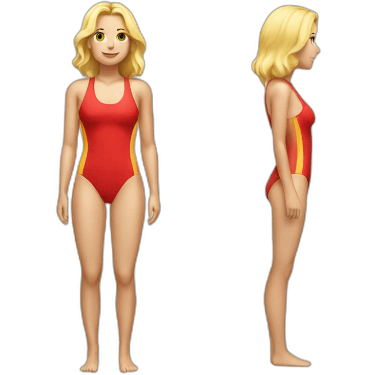 Female Blonde lifeguard wearing a red one-piece swimsuit, full body emoji