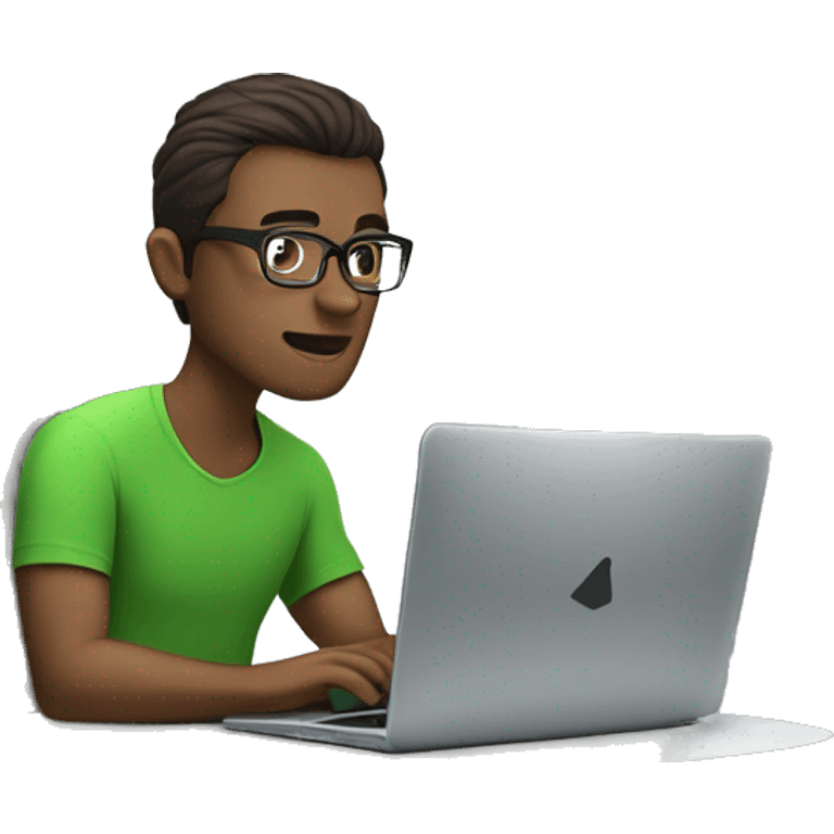 white guy with dark brown hair square glasses typing in laptop wearing green t-shirt working in call center emoji