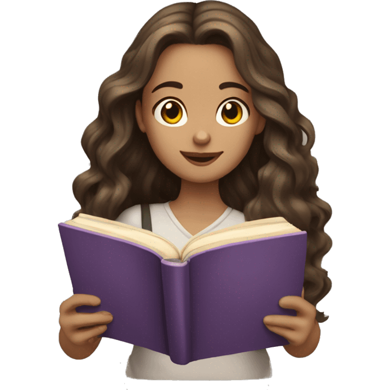 White skin girl with long wavy brunette hair reading a book emoji