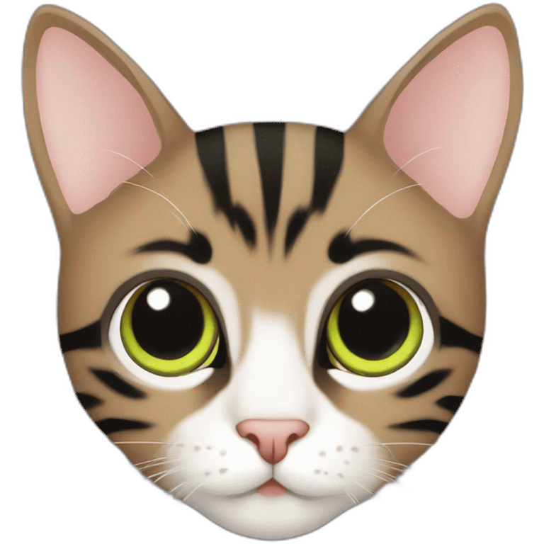  brown-grey cat with black striped pattern, age 4-5 months, eyes yellow-green, emoji