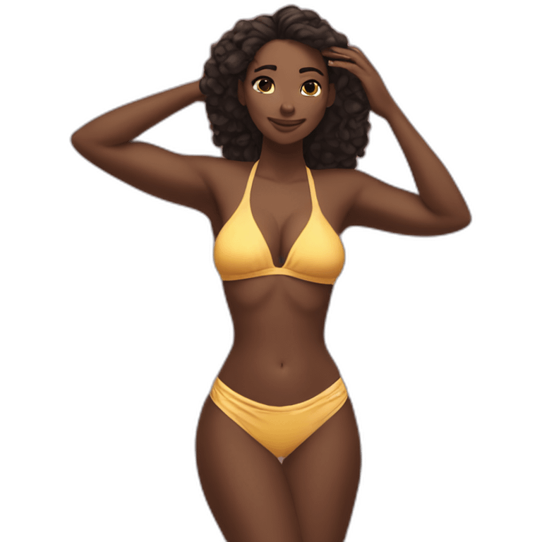 Slim-thicc Caucasian woman bikini hands in hair pose (beach body) emoji