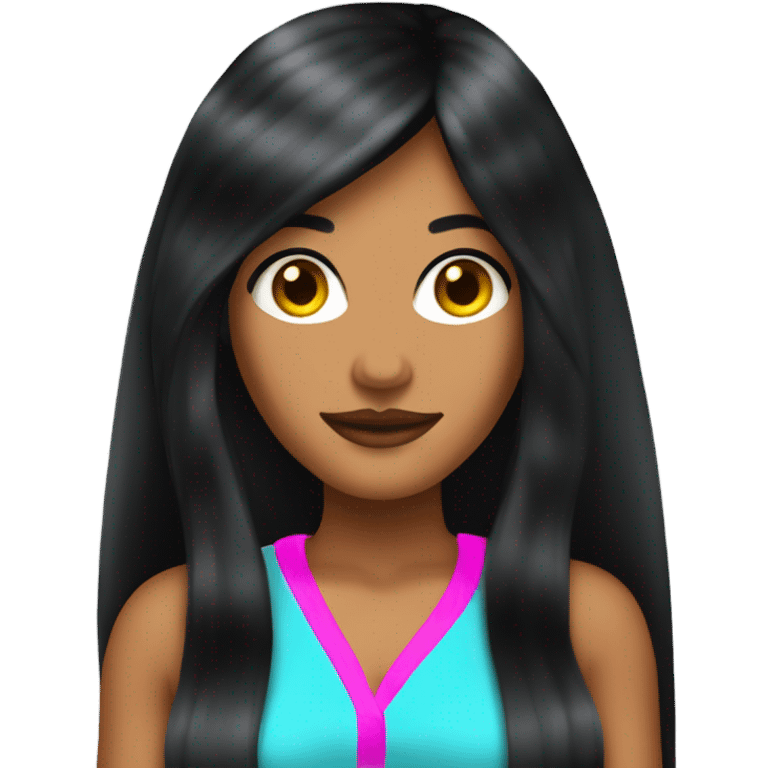 Tanned woman with long black hair dressed in Y2K hair, makeup, and neon attire emoji