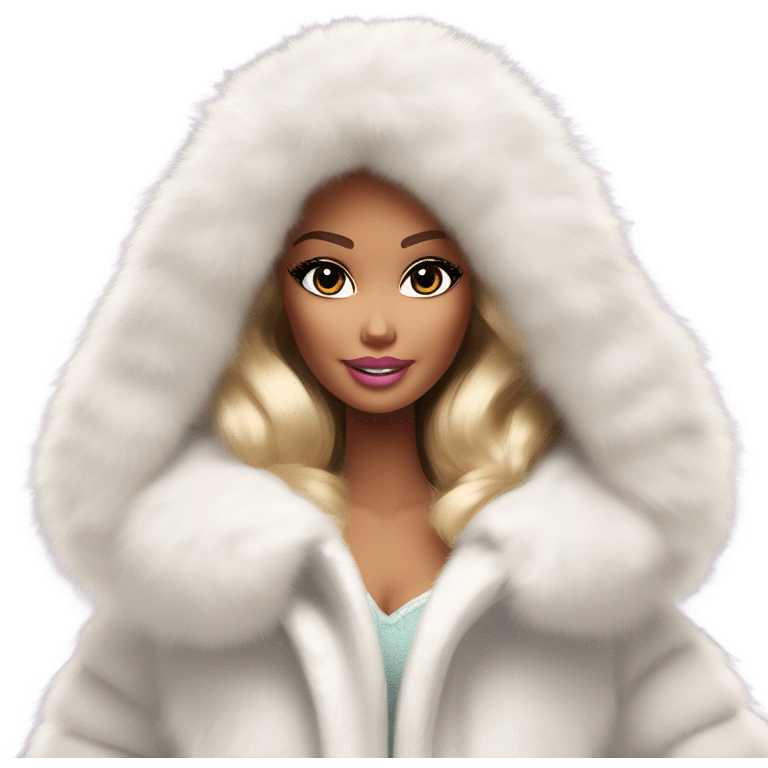 Barbie in an extremely big fluffy oversized white fur coat with hood on. The fur is real and it’s very obvious big and fluffy like in Pinterest  emoji