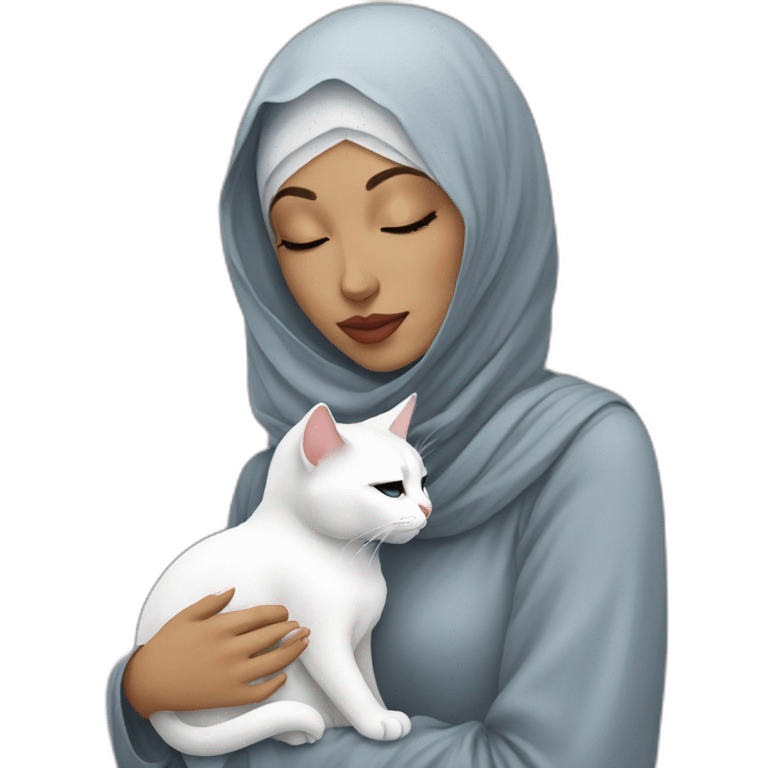 Hijab women kissing white cat emoji