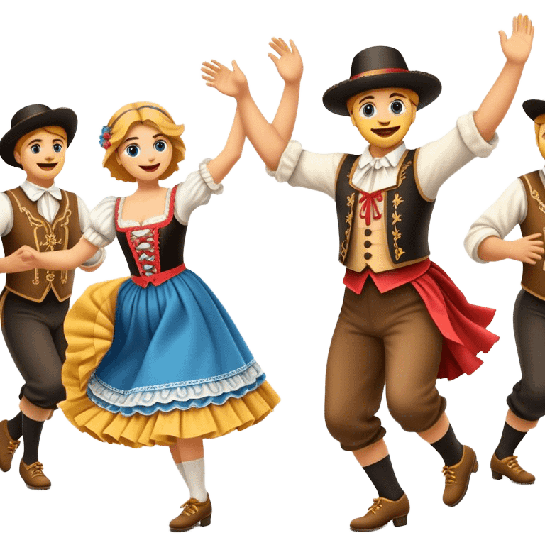 Cinematic Realistic Schuhplattler Dance Emoji, depicted as a lively traditional folk dance scene with performers in authentic Bavarian costumes, rendered with dynamic textures and festive natural lighting that captures the spirit of rural celebration. emoji