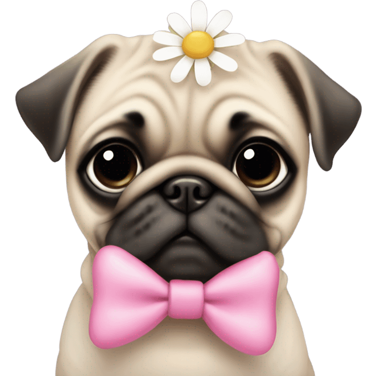 Baby pug with big pink
eyes wearing a pink bow on her head and a daisy in her mouth  emoji