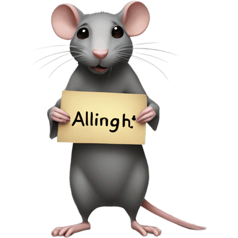 The rat is turned her head to the right, holds a sign with the inscription "ALINGHT" emoji