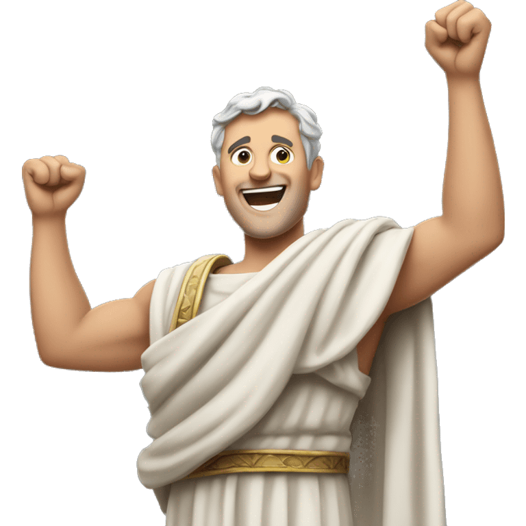 Happy Senator Raising Arms: A Roman senator in a toga, raising both arms in the air with a big smile of achievement, as if he just passed an important law in the Senate. emoji