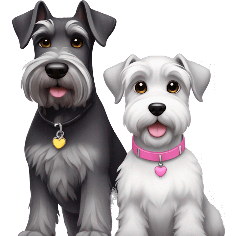 A big gray schnauzer with dark eyes wearing a black collar next to a small all white puppy schnauzer wearing a pink collar  emoji