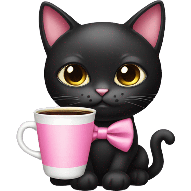 female cute black cat with big eyes and pink bow tie, drinking coffee emoji