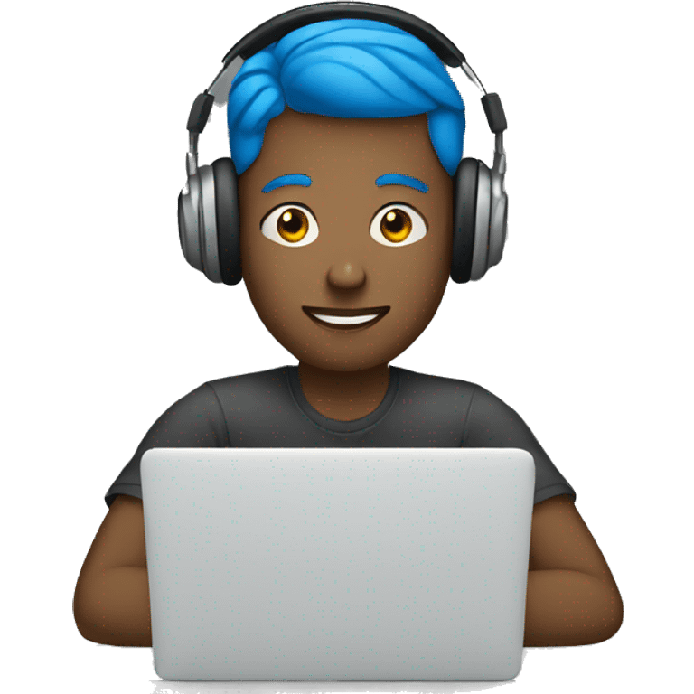 A MAN WITH BLUE EYES WITH HEADPHONES SITTING IN FRONT OF A LAPTOP emoji