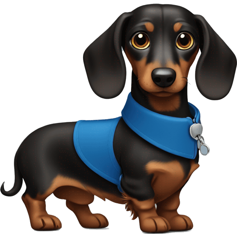 Dark fur Dachshund with long legs in blue collar  emoji