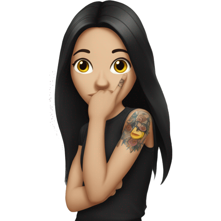 A white girl with dark long hair covers her mouth with her hand on her tattooed arm  emoji