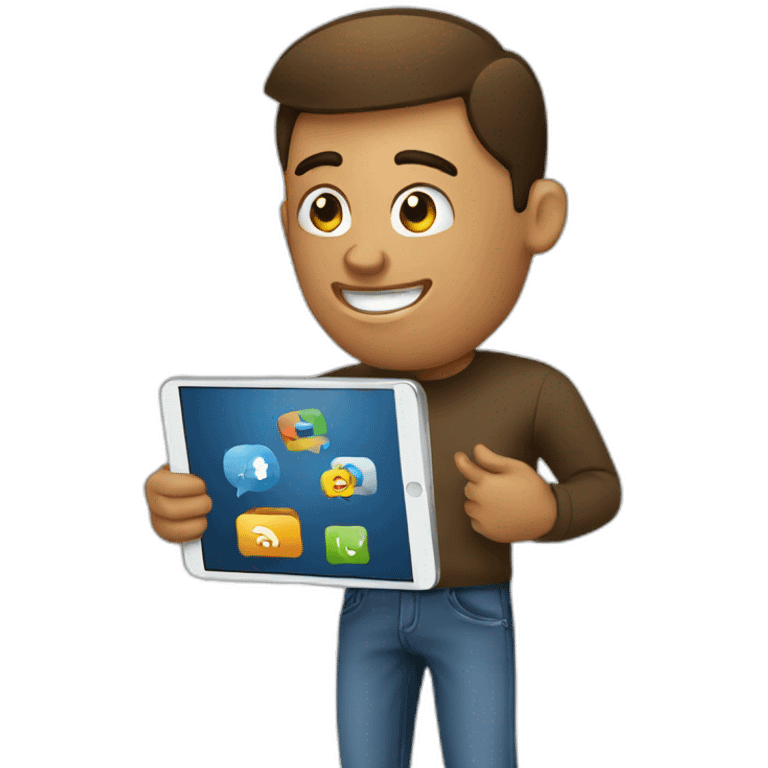 male holding a digital tablet with social media platforms emoji