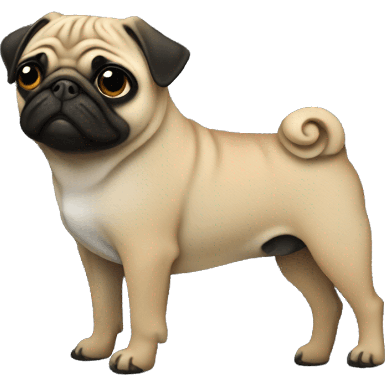 small pug wearing a denim jacket, side view, patches on the back of the denim jacket emoji