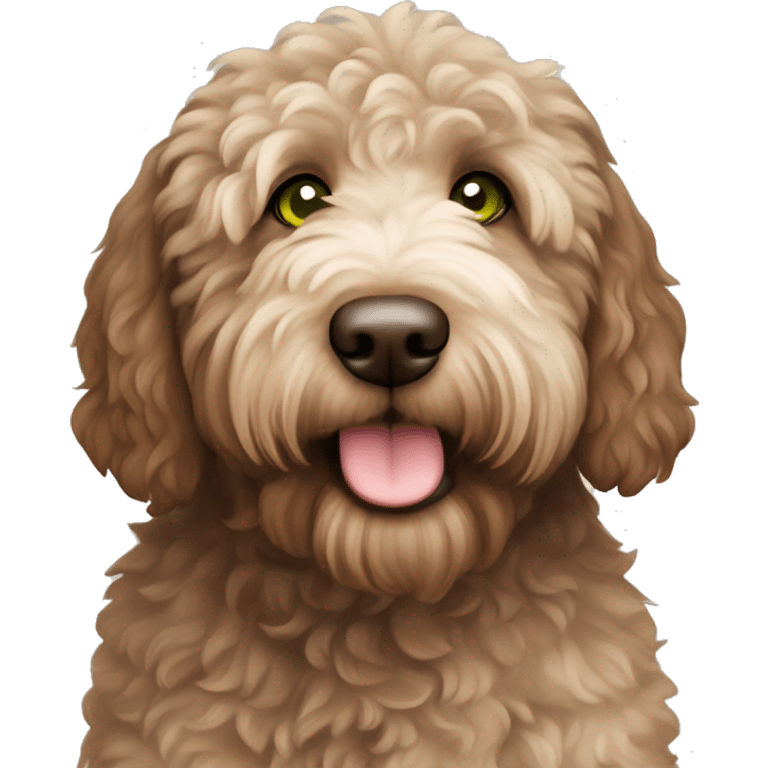 Brown chubby labradoodle with white chest and green eyes  emoji