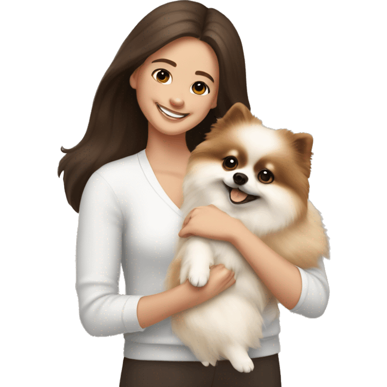 White and beige Pomeranian in the hands of a white young woman with dark brown hair smiling and cuddling the dog  emoji