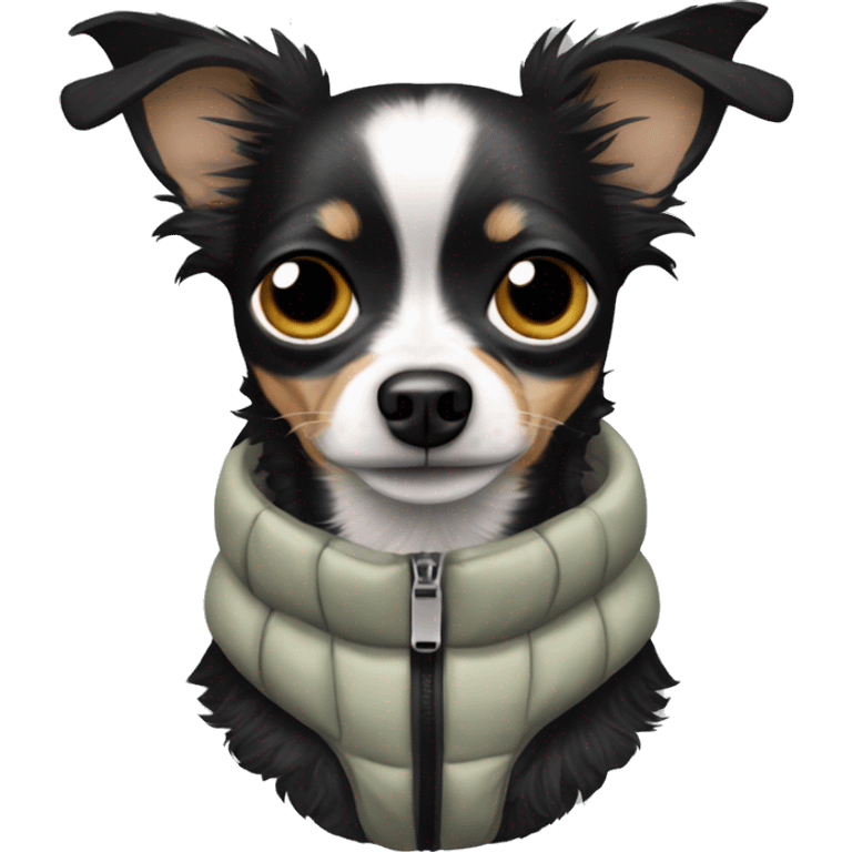 Black chihuahua Chinese crested mix wearing a puffer vest emoji