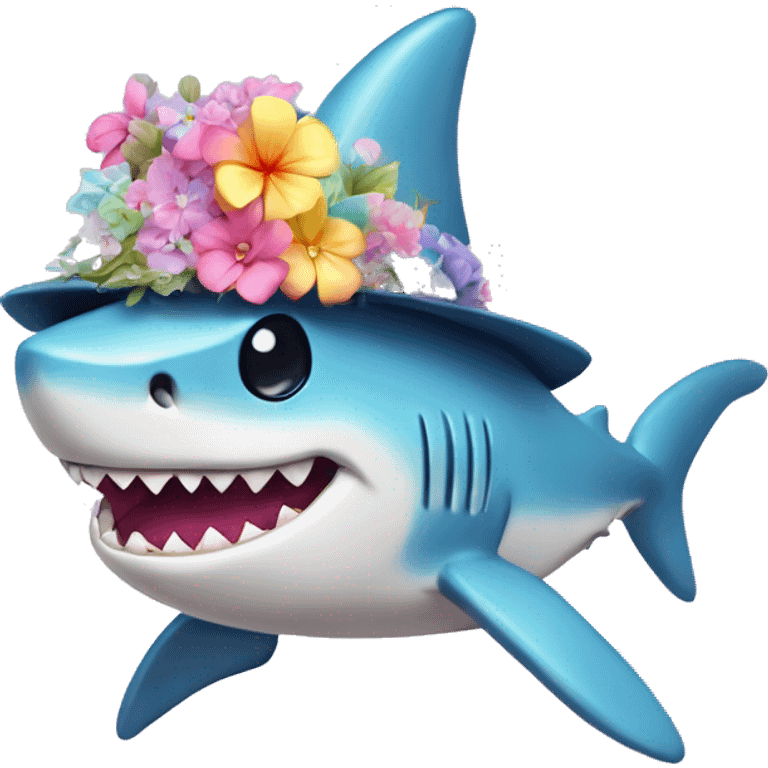 Kawaii rainbow pastel bedazzled shark wearing fedora with flowers  emoji